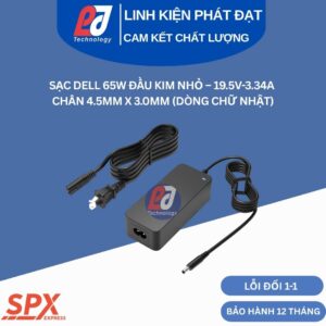 Sạc Dell 65W Đầu Kim Nhỏ thiết kế chữ nhật tương thích với Dell Inspiron Vostro Latitude đời mới chân cắm 4.5mm 3.0mm