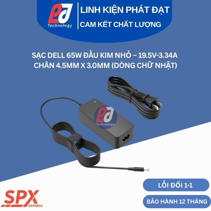 Sạc Dell 65W Đầu Kim Nhỏ thiết kế chữ nhật tương thích với Dell Inspiron Vostro Latitude đời mới chân cắm 4.5mm 3.0mm