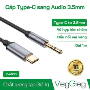 Cáp Chuyển Type C sang Audio DC 3.5mm VegGieg V-A600 CHÍNH HÃNG
