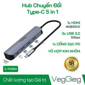 Type-C to HDTV+USB3.0*3+PD+HUB Grey V-TC05H