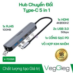 Type-C to HDTV+USB3.0*2+PD+RJ45 HUB Grey V-TC05R