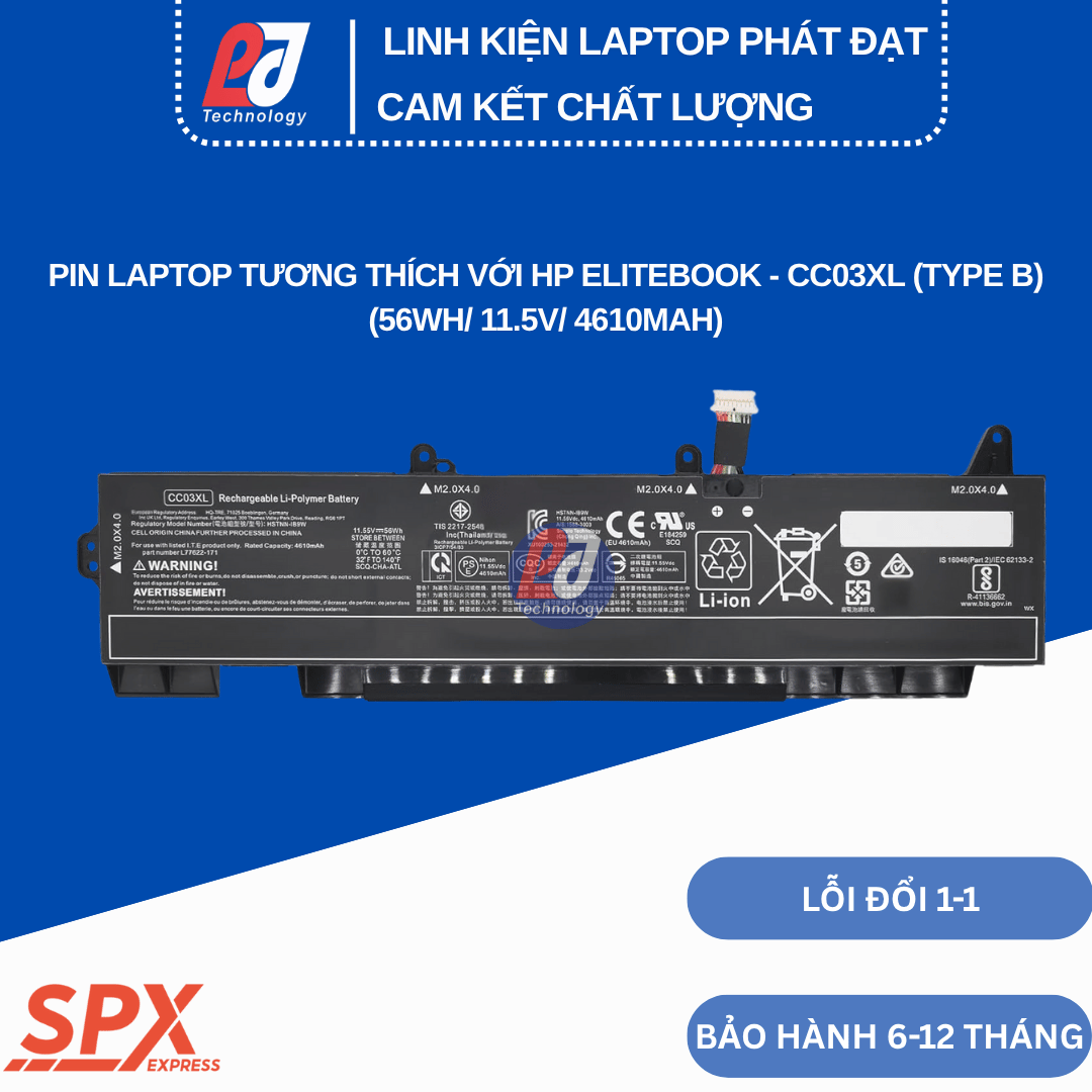 Pin HP CC03XL 56Wh Type B loại 3 tai trên cho laptop HP EliteBook 850 G7 855 G8 ZBook Firefly 15 L77622-541