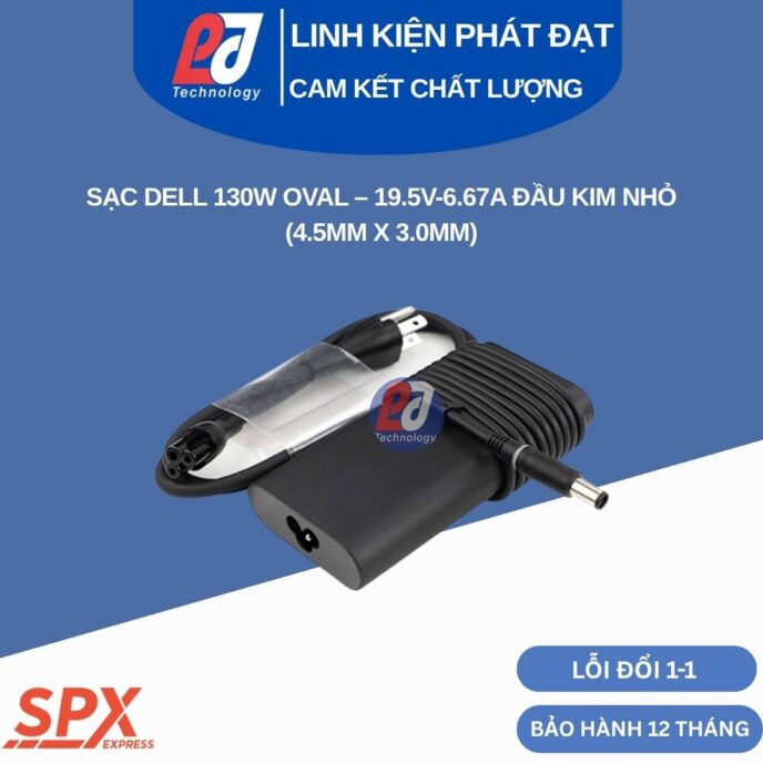 Sạc Dell 130W Oval Kim Nhỏ thiết kế bo tròn cho laptop đồ họa XPS 15 và máy trạm Precision chân cắm 4.5mm
