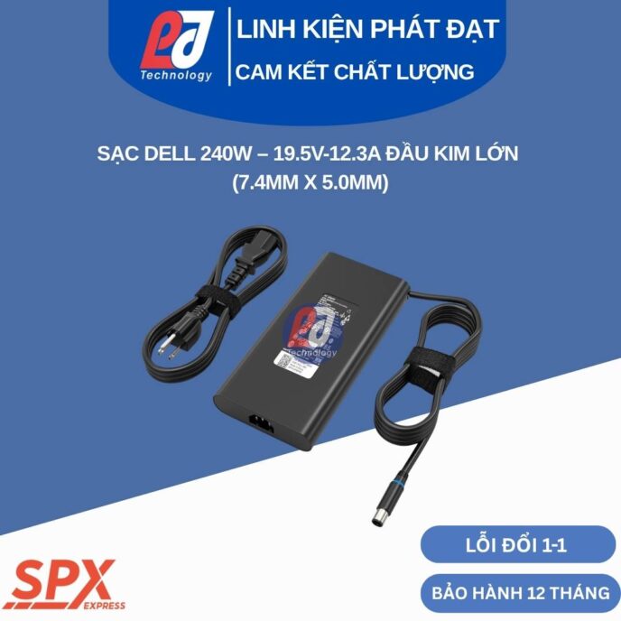 Sạc Dell 240W Slim Kim Lớn thiết kế mỏng nhẹ cho laptop máy trạm Precision và Gaming chân cắm 7.4mm
