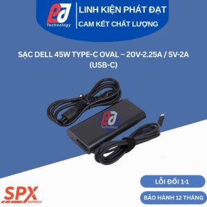 Sạc Dell 45W Type-C Oval thiết kế bo tròn sạc nhanh cho laptop Dell XPS và Latitude sử dụng cổng sạc chân dẹp USB-C